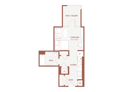 A floor plan of a house with a living area, kitchen, bath, and entry.